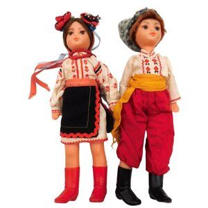 Pair of Russian Soviet Era Folk Plastic Dolls Vintage 1980s 10"